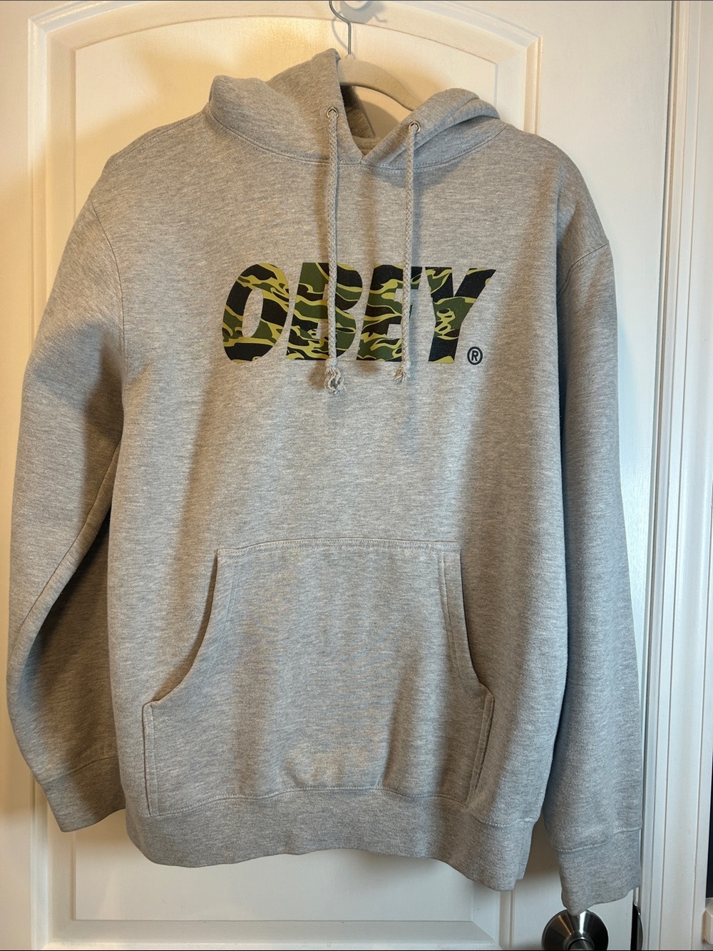 Obey Gray Hoodie with Green Camo Logo size S